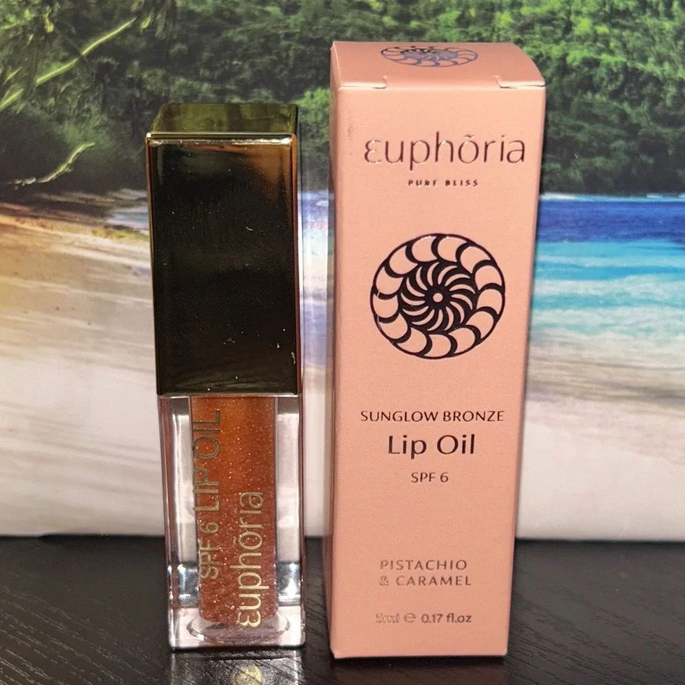 Euphoria Pure Bliss Sunglow Bronze Lip Oil SPF 6 Pistachio & Caramel 5ml NIB